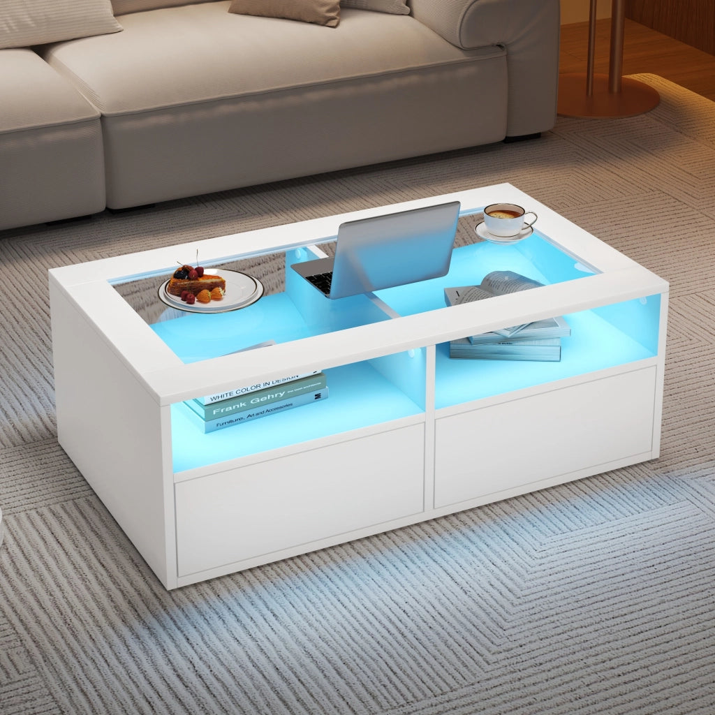 TAVOLINO DA CAFFÈ 100x50x35 cm Bianco in Vetro e Truciolato con LED e 2 Cassetti