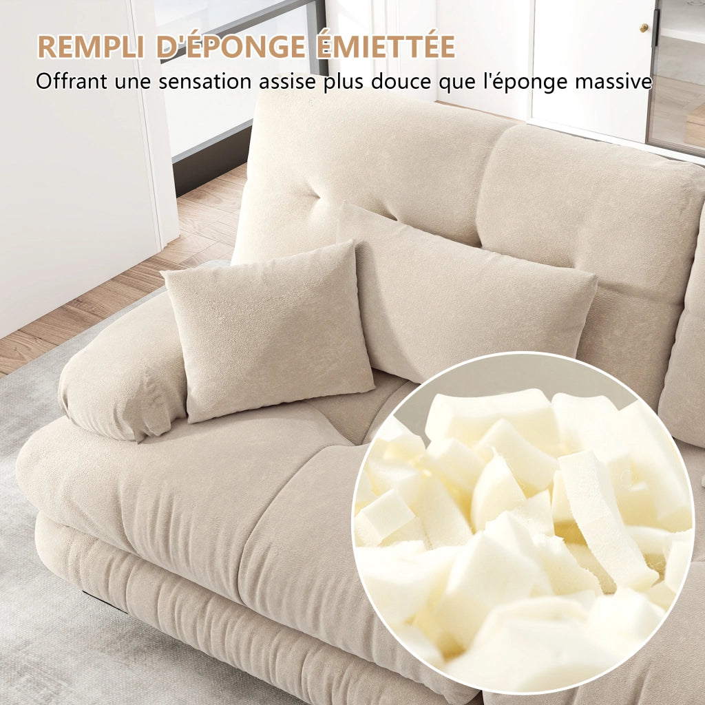 Divano angolare modulare a forma di L con pouf; 3 posti in ciniglia; 313x145x81 cm; caffè chiaro