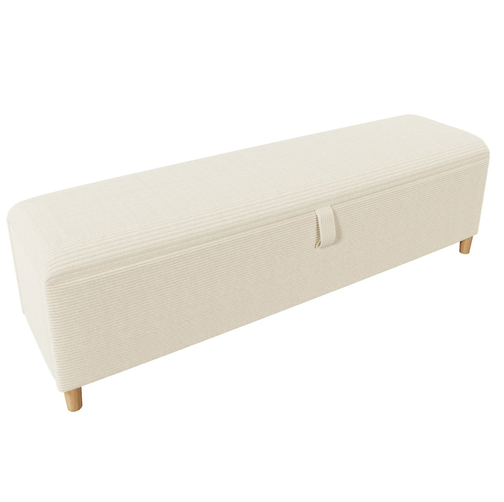 Panca da letto 165x38x46 cm con spazio contenitore idraulico in velluto a coste e legno beige