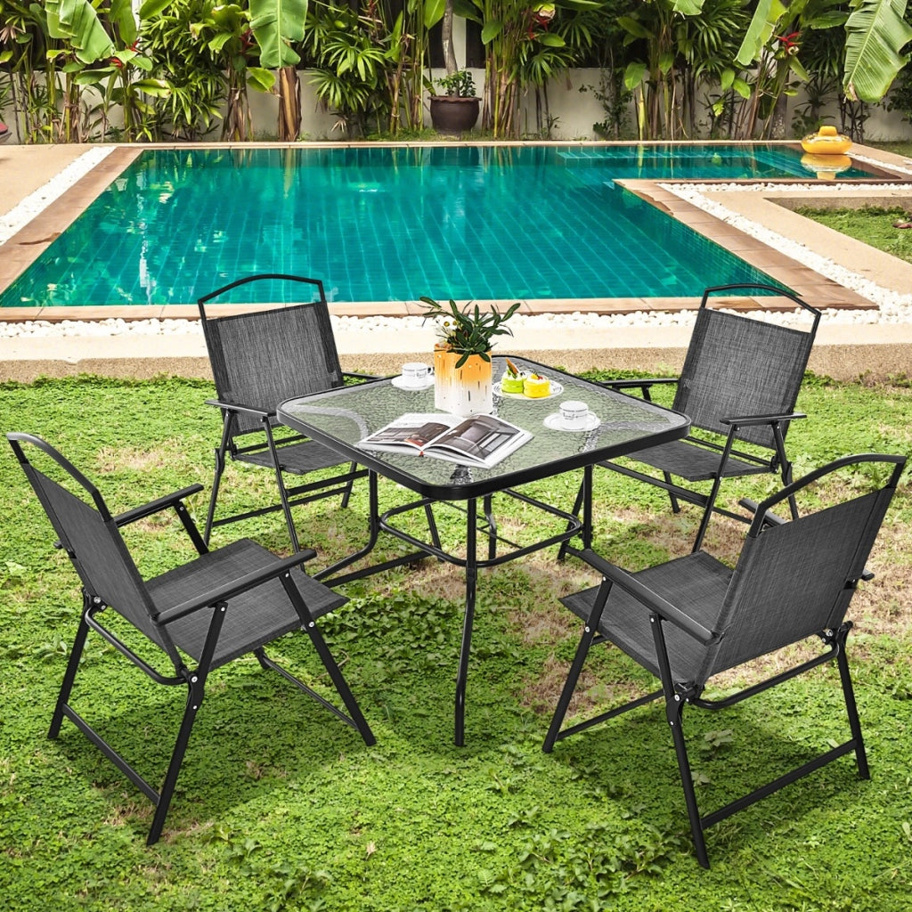 Set da pranzo per giardino per 4 persone, Set di sedie pieghevoli e tavolo da pranzo con foro ombrellone Grigio-Set mobili da esterno