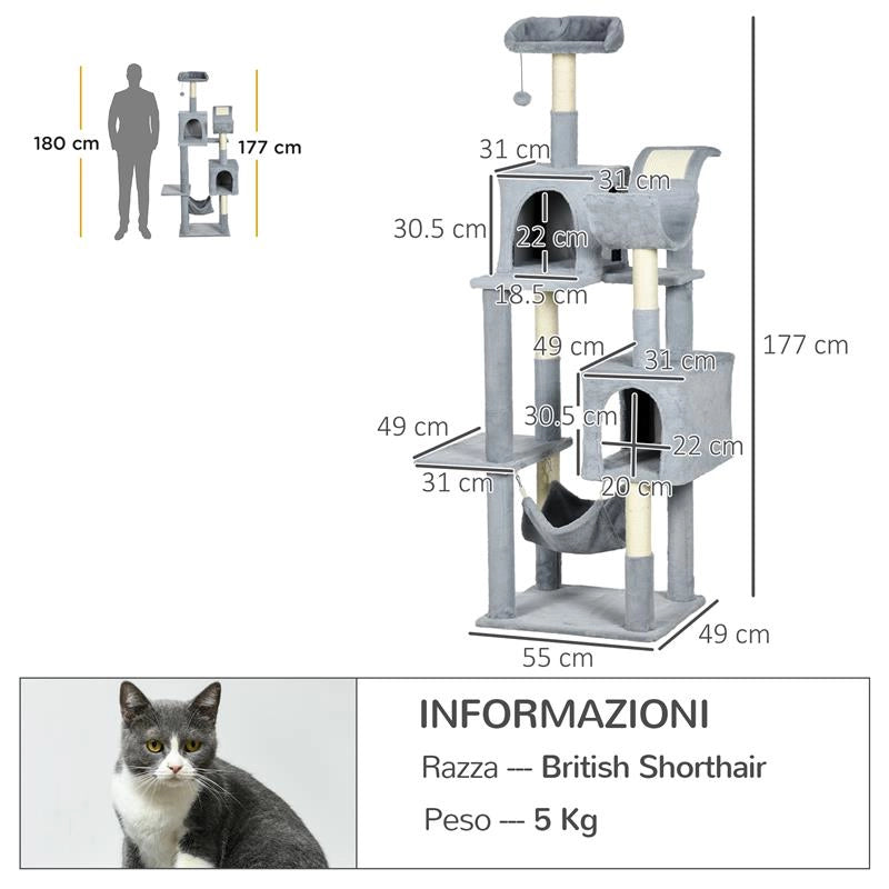 ALBERO TIRAGRAFFI PER GATTI CON AMACA, LETTINO E 2 CASETTE, IN TRUCIOLATO E PELUCHE, 55X49X177 CM, GRIGIO E BIANCO