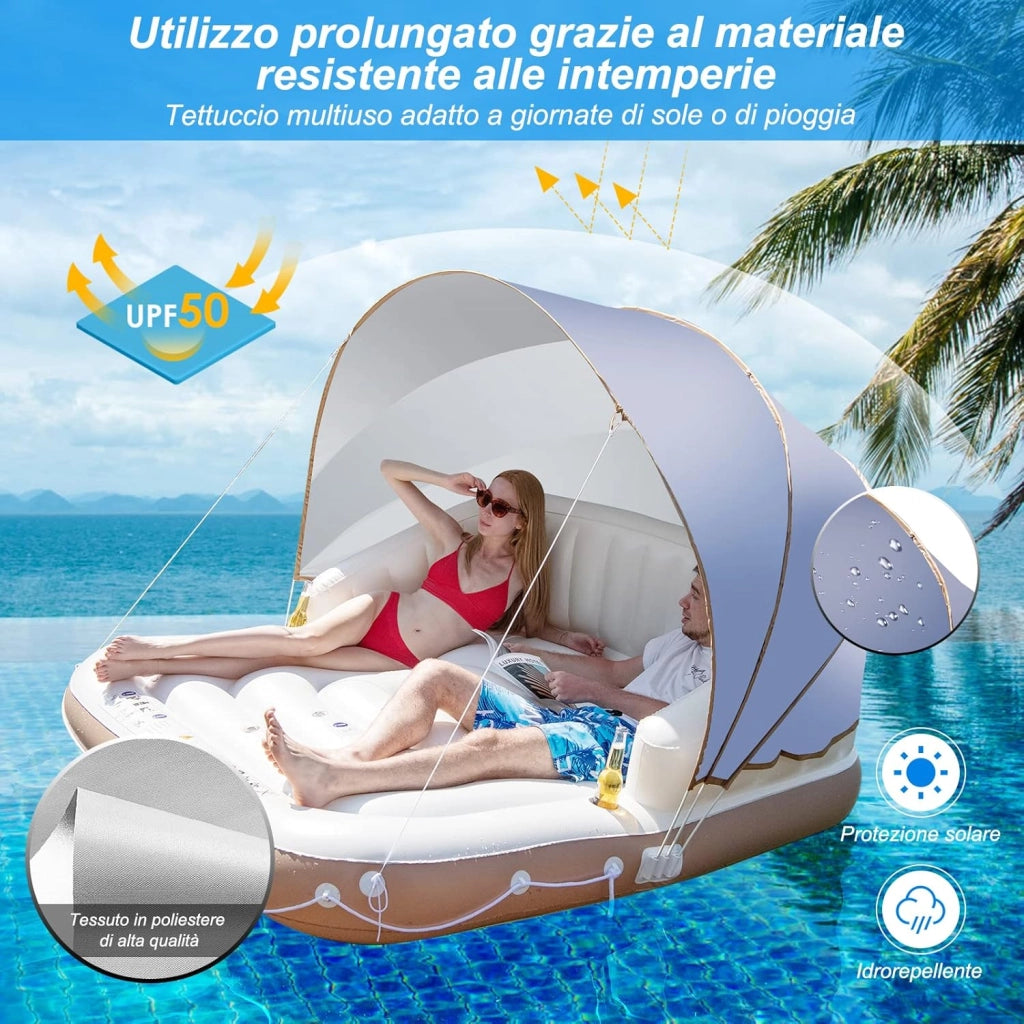 Letto Galleggiante Gonfiabile, Letto Galleggiante Mare con Tettuccio Retrattile e Rimovibile, 2 Porta Bicchieri, per Interna ed Esterna, UPF50+, Portata 200 kg