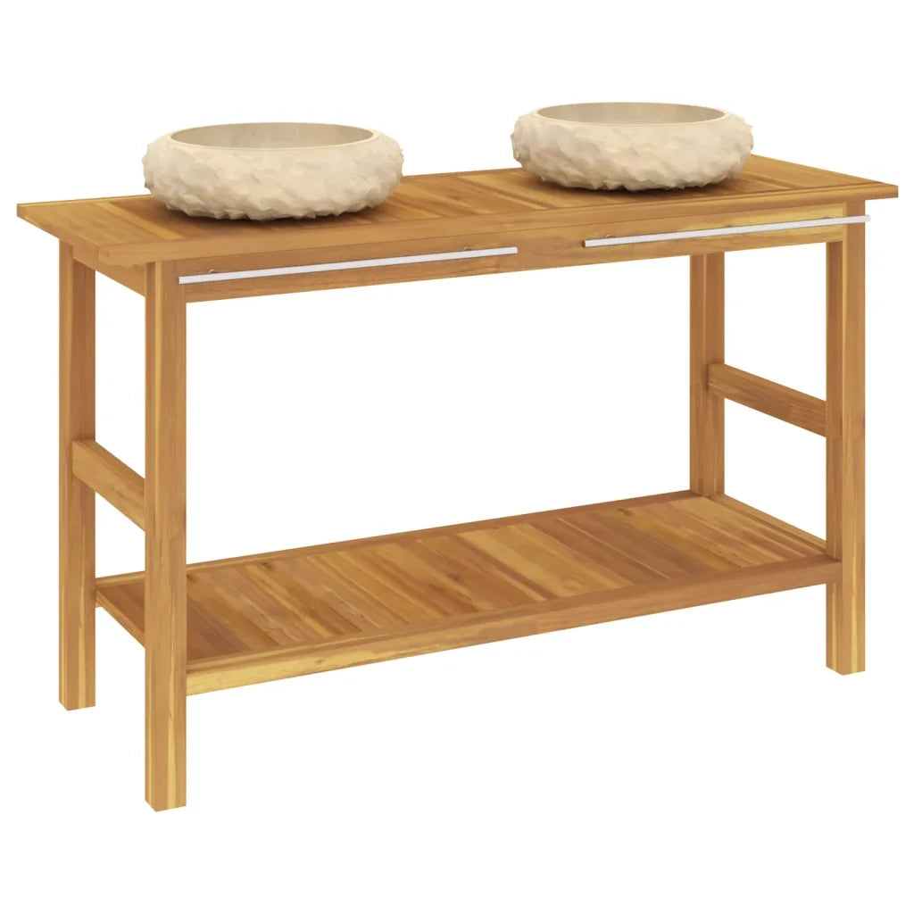 Mobile VanitÃ  Bagno e Lavandini Marmo Crema Legno Massello Teak