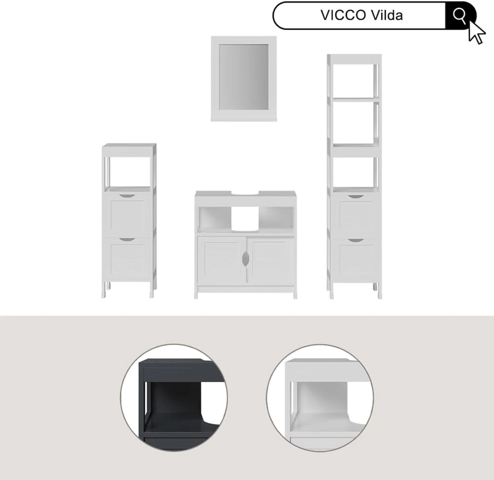 Set di mobili da bagno Vilda, Bianco, 60 cm, composto da mobile sottolavabo, specchiera e colonna alta