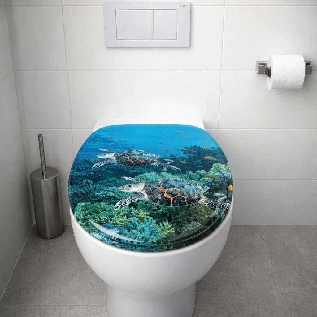 Sedile wc copri vater universale frizionato fantasia in mdf chiusura rallentata *** fantasia tartaruga marina, confez...