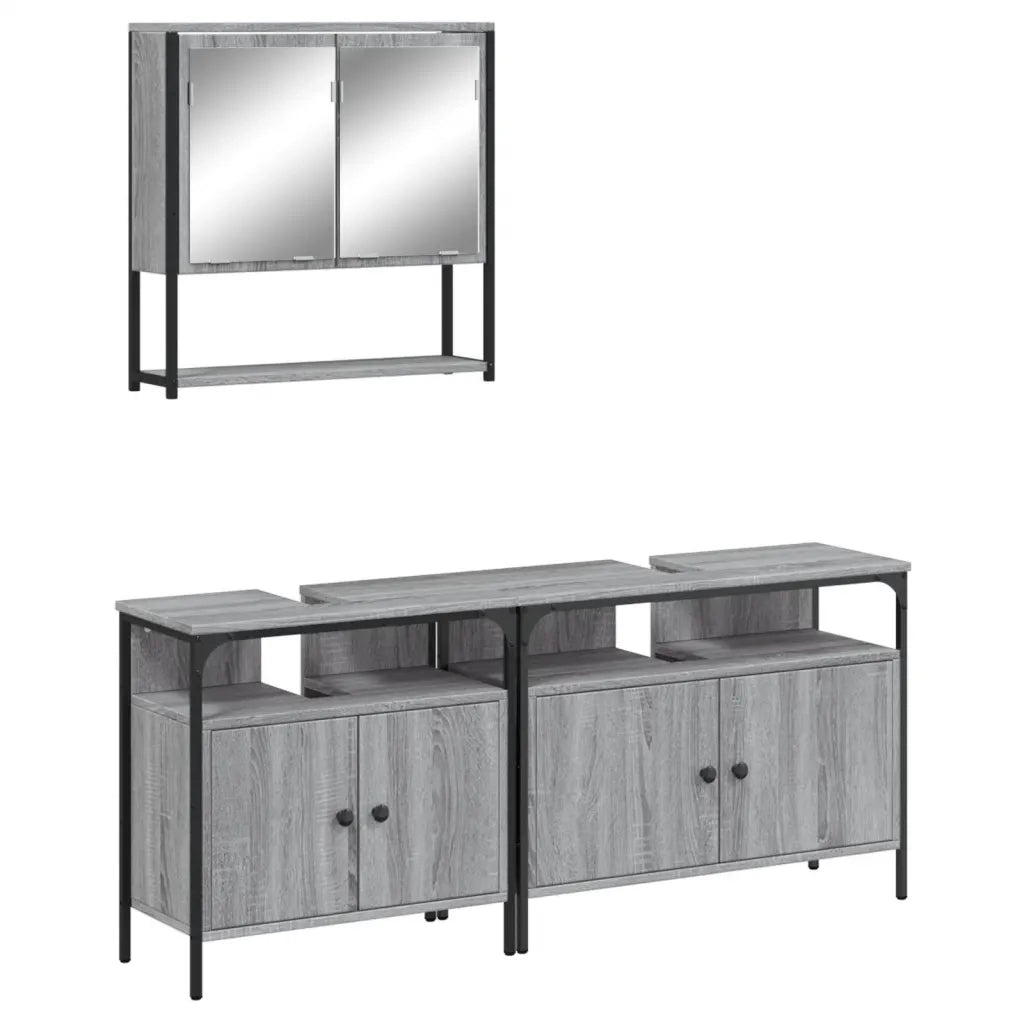Set Mobili da Bagno | Armadio da bagno 3 pz Grigio Sonoma in Legno Multistrato
