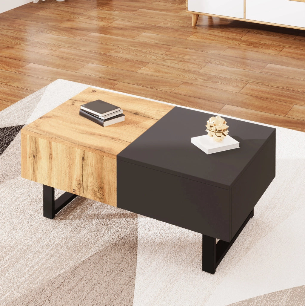 Tavolino da caffè moderno scorrevole con vani portaoggetti; 155 cm; truciolare; naturale e antracite