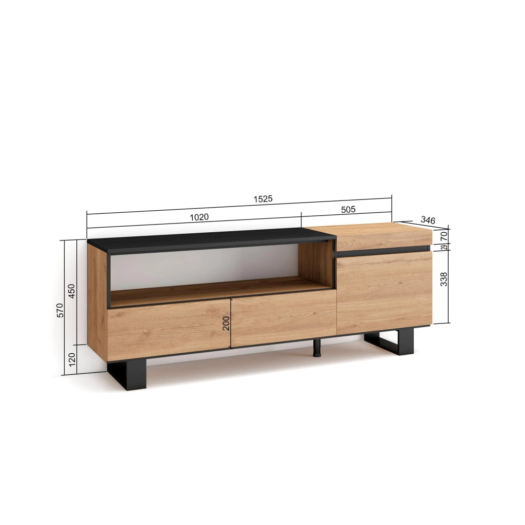 Mobile TV Soggiorno, 150x35x57cm, Per TV fino a 65", Design industriale, colore Rovere e nero RF2428