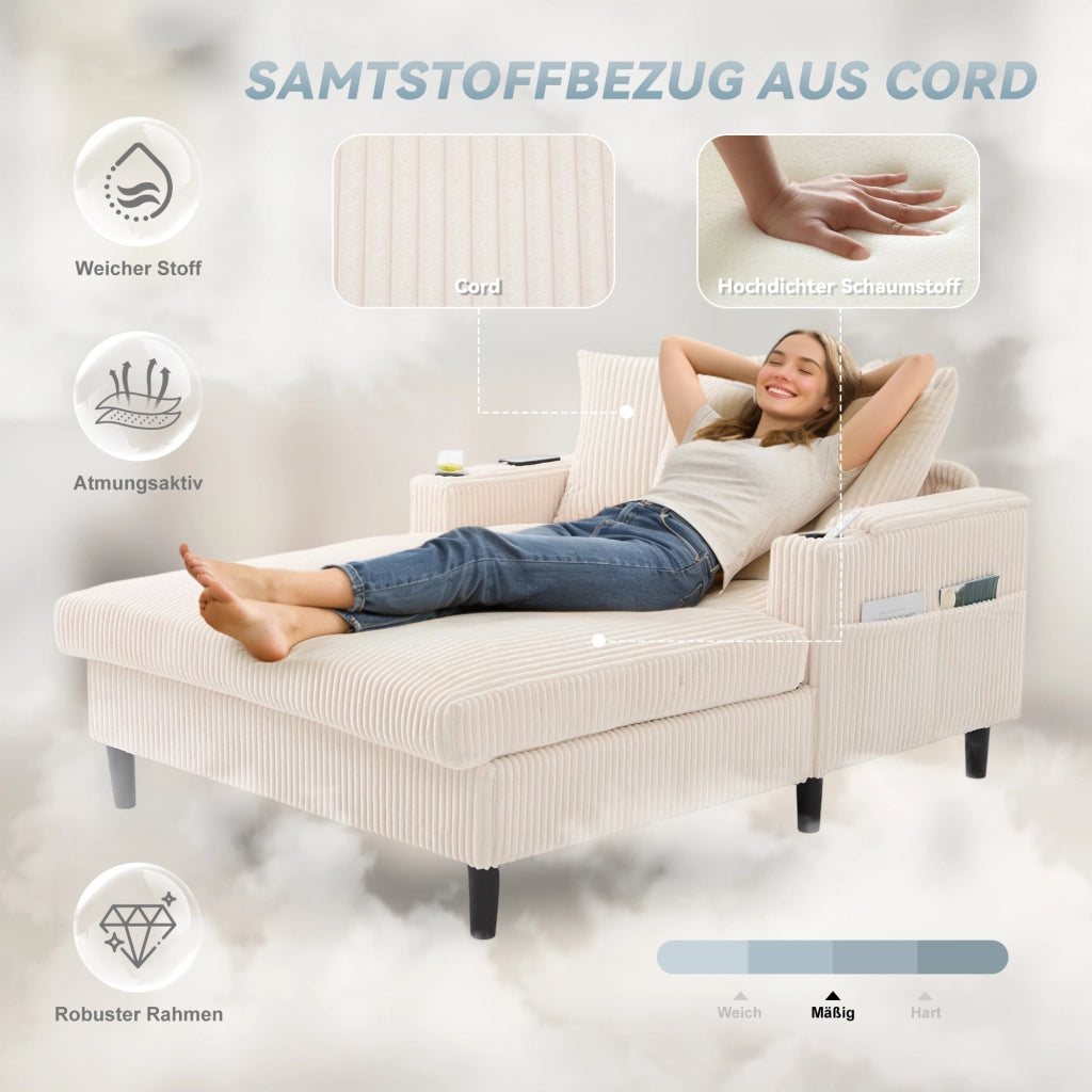 CHAISELONGUE 129x170x70 cm in velluto a coste beige con LED, USB e contenitore