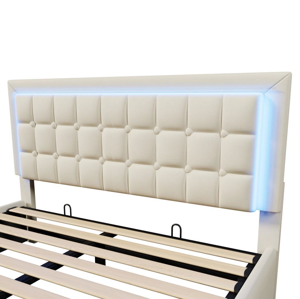Letto imbottito 140x200 cm bianco con materasso, LED e vano contenitore