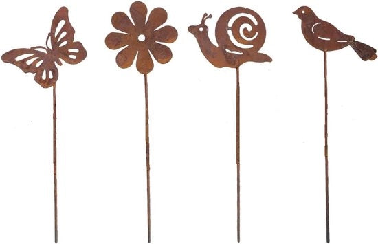Decorazioni per Giardino a 4 Pezzi in Stile Animale con Fondo Rugginoso - Facile da Inserire per Decorazione di Giardino, Patio, Balcone e Vaso di Fiori
