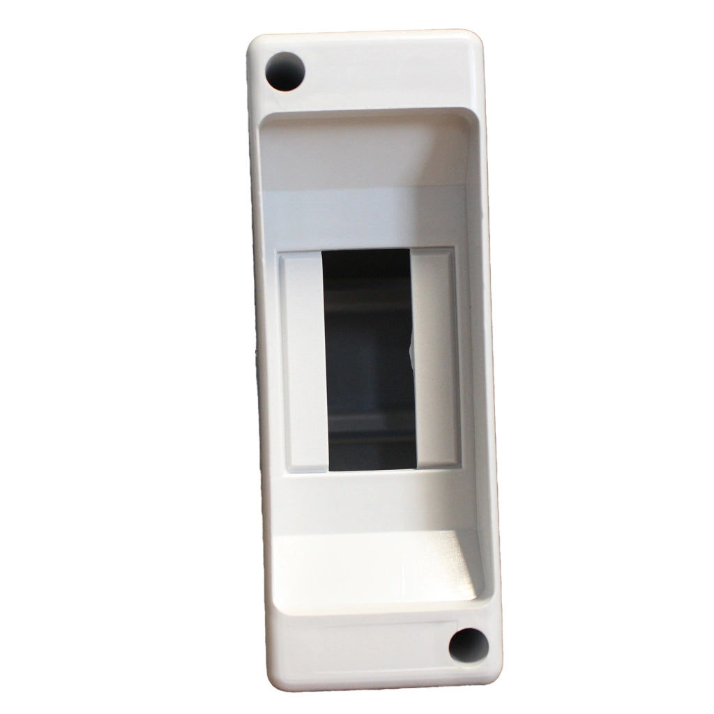 Centralino da parete con binario DIN stampato su base, 2 moduli, 130x45x86 mm, grigio RAL 7035, IP40, ideale per installazioni elettriche interne