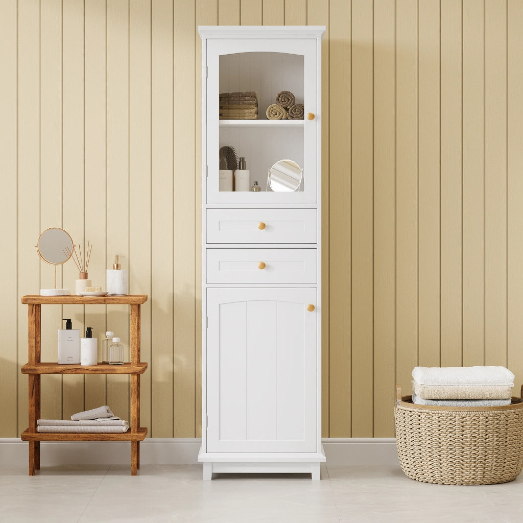 Armadio da bagno in MDF e vetro, 45 x 36 x 160 cm, bianco, con 2 cassetti e ripiani regolabili