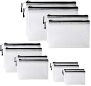 Pacco di 12 Borse Documentali con Cerniera, Borsa PVC trasparente impermeabile con rete mesh e cerniera per uso scolastico, ufficio, cosmetici e accessori da viaggio, 6 dimensioni