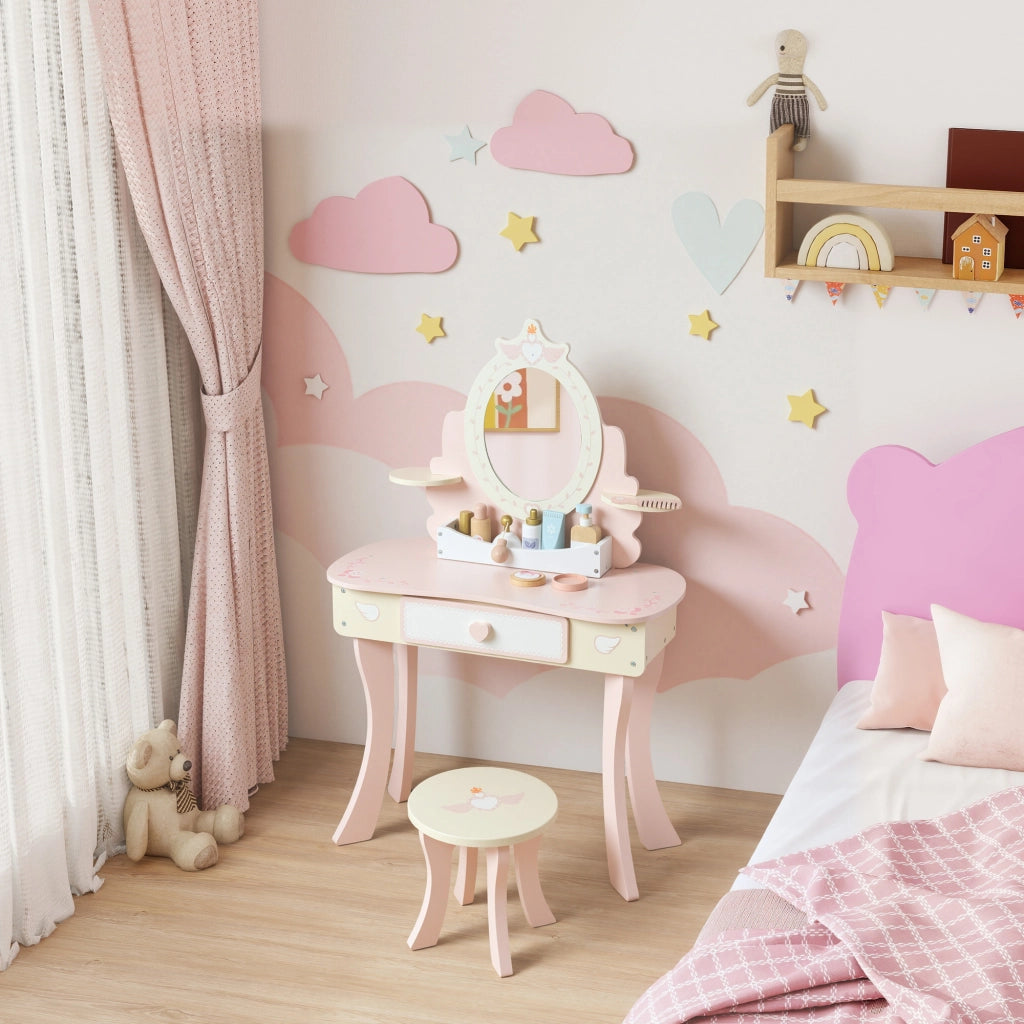 Toeletta bambini con sedia e cassetto ¨C Xylo ¨C rosa MDF con specchio removibile e 7 accessori