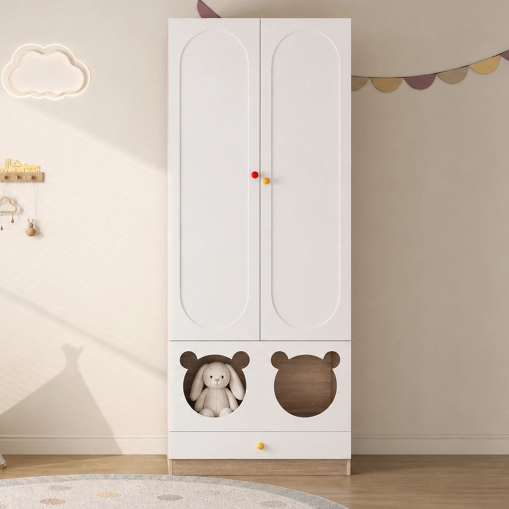Armadio per bambini a due ante con asta appendiabiti e cassetti, 80 × 50 × 200 cm, bianco e legno naturale