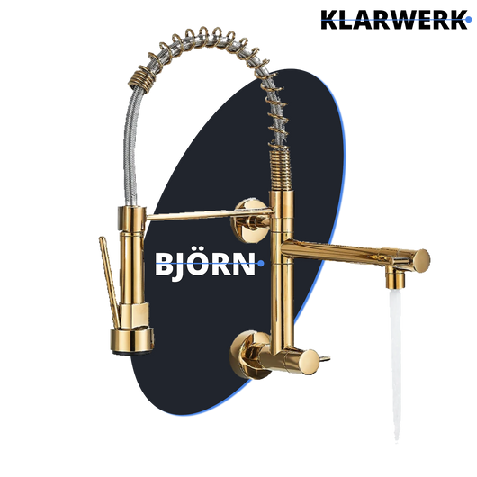 Björn |gastronomia rubinetto monoforo a parete per acqua fredda oro|da cucina professionale in acciaio inox a due getti|doppio per lavello ristorante