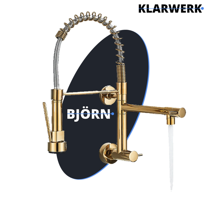 Björn |gastronomia rubinetto monoforo a parete per acqua fredda oro|da cucina professionale in acciaio inox a due getti|doppio per lavello ristorante