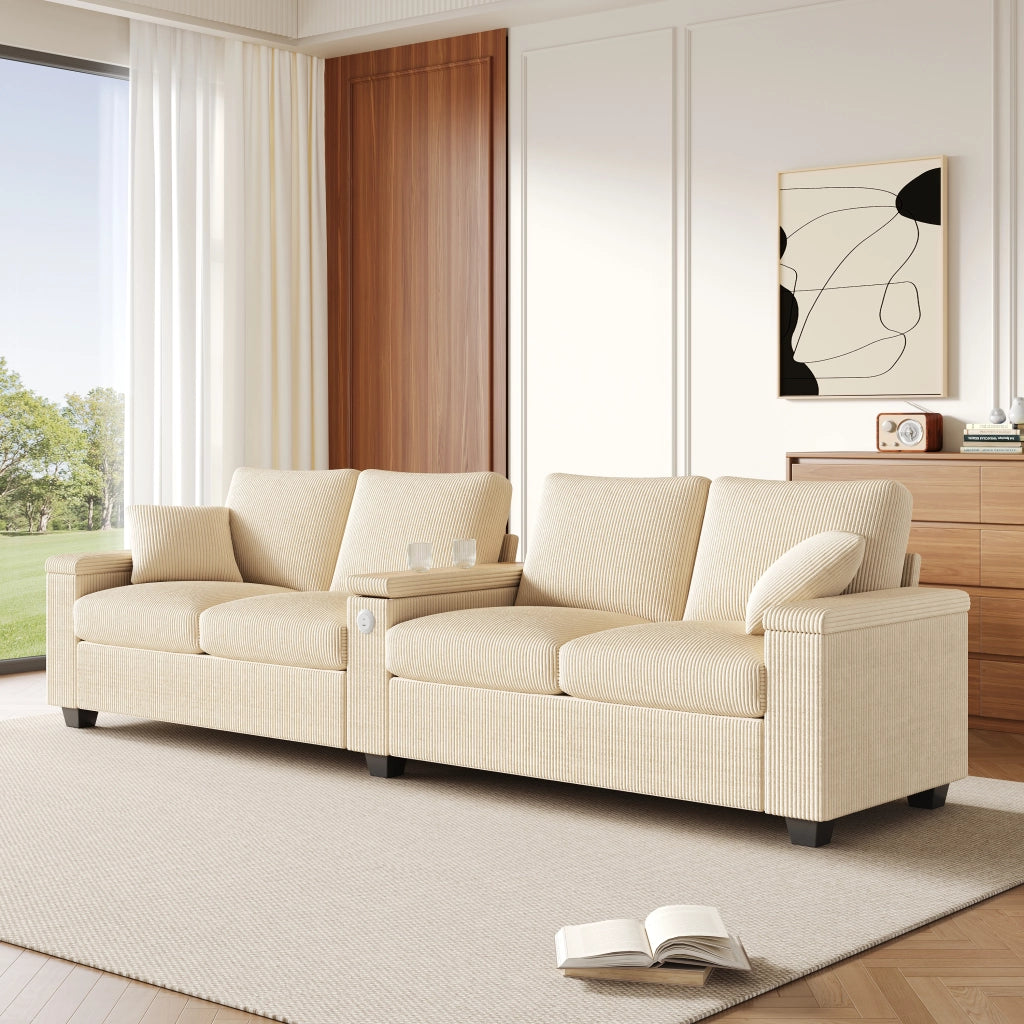 Divano 4 posti in velluto a coste con USB e USB-C bracciolo pieghevole vano contenitore beige 299 × 80 × 82,7 cm