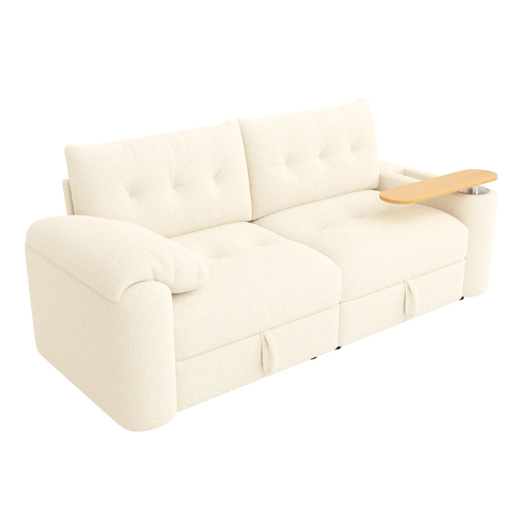 Divano modulare 2 posti con tavolino integrato e contenitore in teddy beige