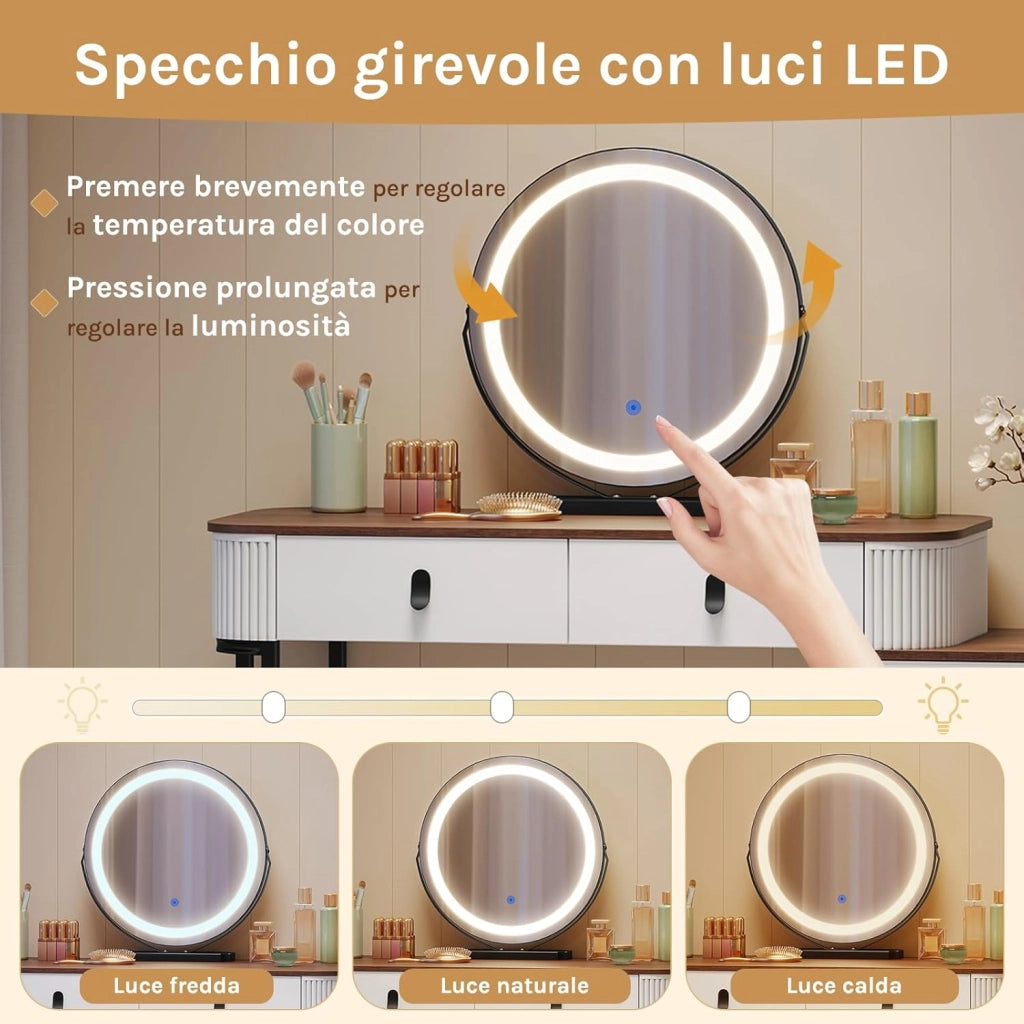 Toeletta da Trucco con Sgabello, con Luci Dimmerabili e Specchio Rimovibile, Consolle da Trucco, Cassettiera Spostabile, Effetto Legno Noce Aranciato