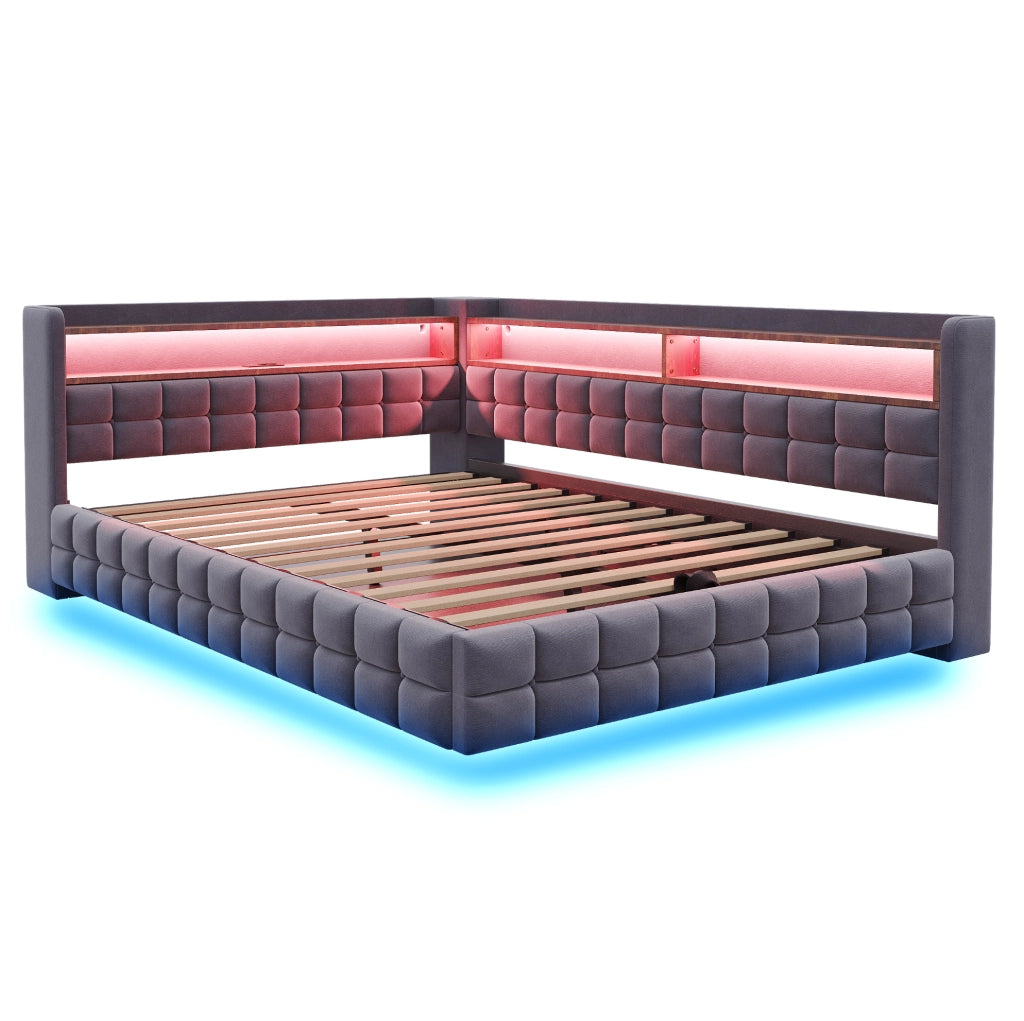 Divano letto imbottito 140x200 cm con LED e vano contenitore