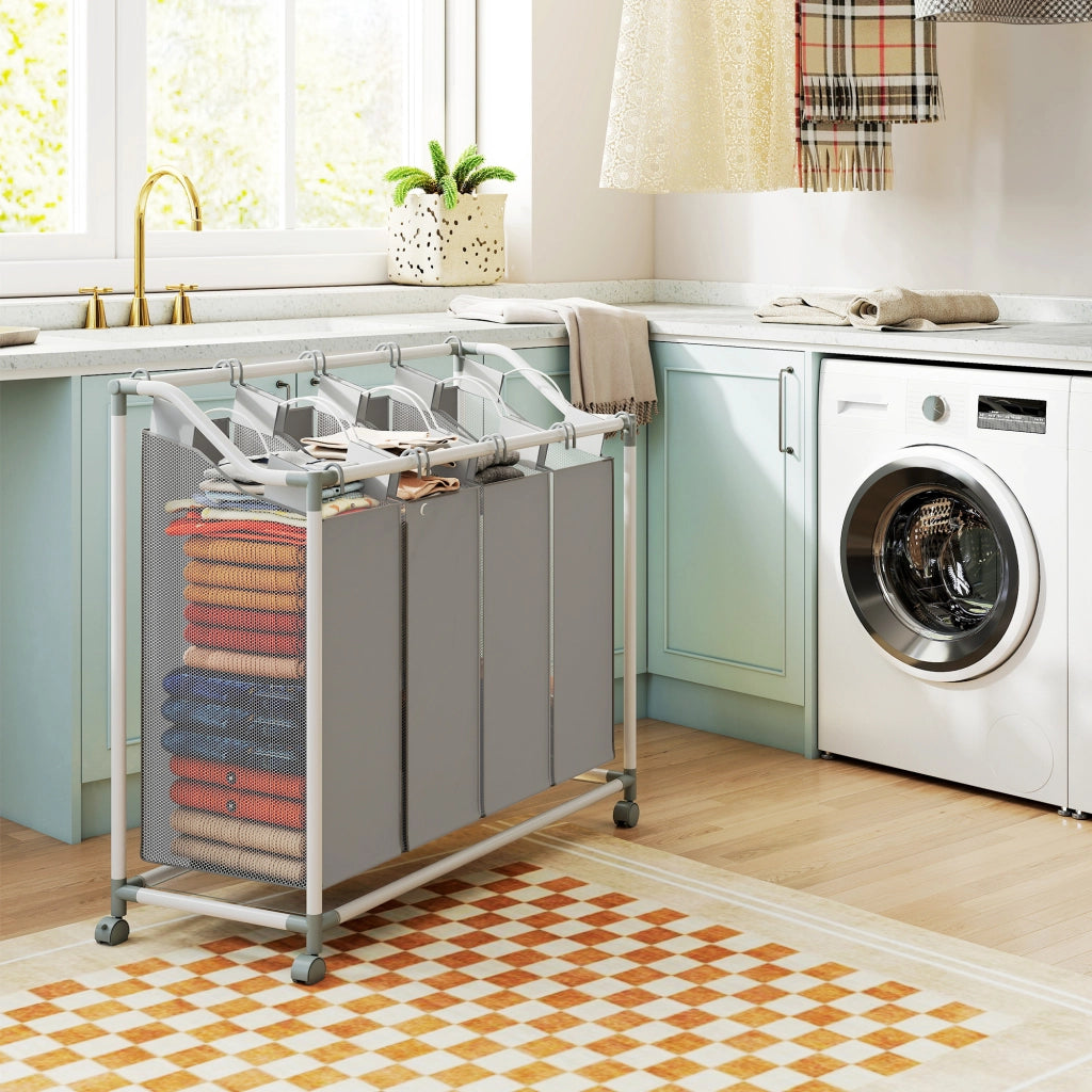 Carrello per bucato mobile con 4 sacchetti ¨C zephmum ¨C grigio 97x38x81 cm