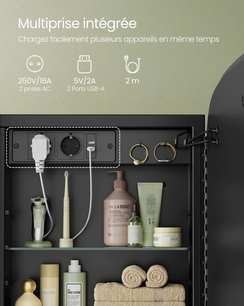 Specchio da bagno con illuminazione mobile lavabo con 2 prese CA 2 porte USB 2 ripiani regolabili angoli arrotondati 12_0006611