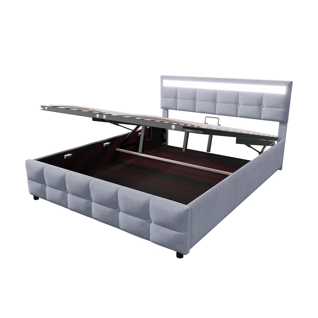 Letto matrimoniale contenitore 180x200 cm con LED; apertura idraulica; rivestimento in velluto grigio e rete