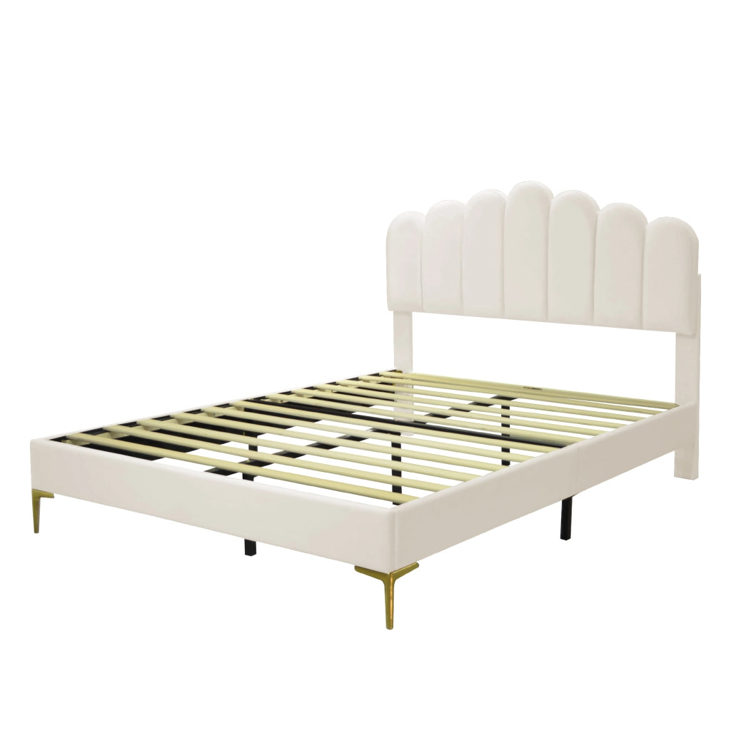 OKWISH Letto Matrimoniale 140×200 cm con Testiera Regolabile e 12 Doghe, senza Materasso, in Velluto Imbottito, Beige