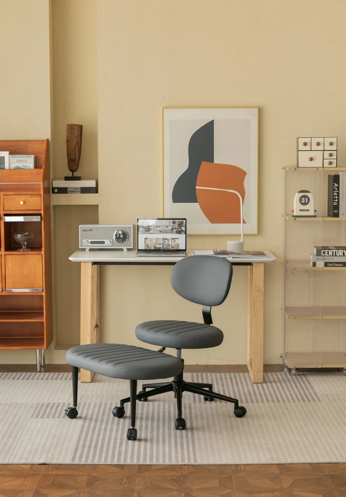 Sedia da ufficio ergonomica girevole con poggiapiedi rotante senza braccioli in tessuto grigio per meditazione