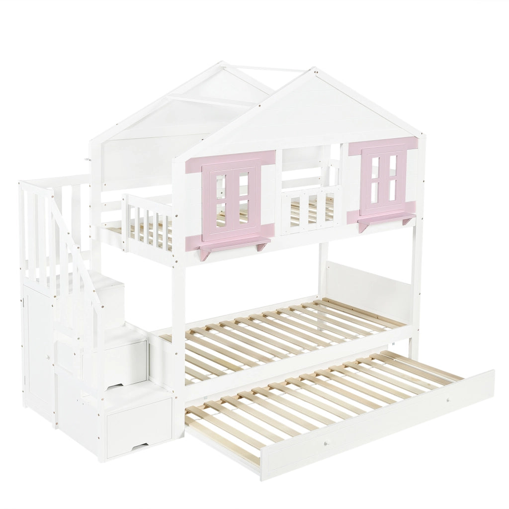 Letto a castello per bambini 90 × 200 cm con letto estraibile, scale contenitore e appendiabiti, senza materasso