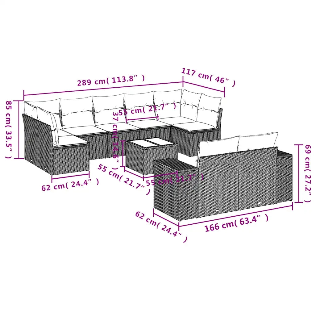 Set Divani da Giardino 10 pz con Cuscini Nero in Polyrattan 3223026
