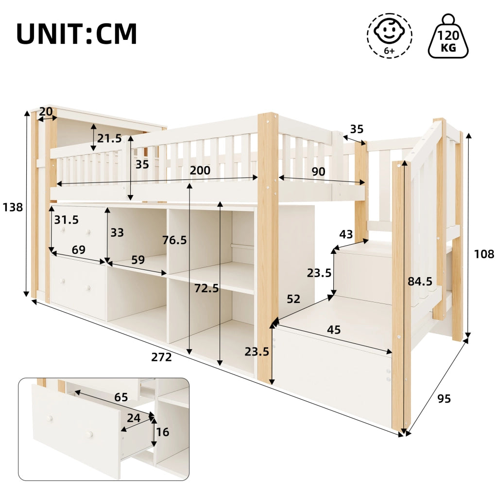 Letto a soppalco 90x200 cm con scrivania, LED e vani