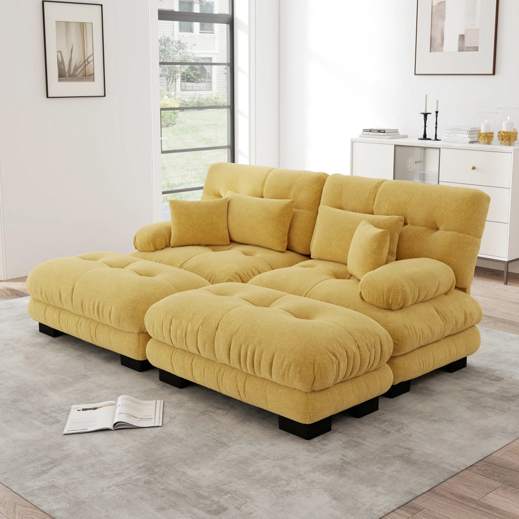 Divano angolare modulare in chenille con cuscini lombari e pouf mobili, stile cloud giallo 220 × 145 × 81 cm