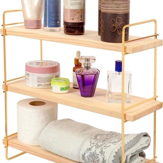 Raccordo da parete in legno e metallo dorato con 3 pannelli, pannello da bagno, pannello in legno, organizzatore e contenitore di archiviazione per bagno, soggiorno, cucina