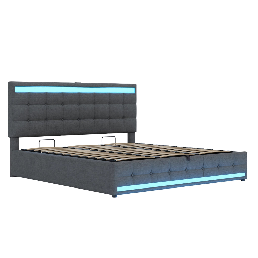 Letto imbottito con LED RGB, USB e contenitore integrato