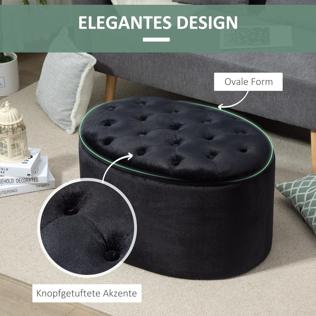Pouf contenitore imbottito ovale con vano nascosto e coperchio rimovibile, in poliestere effetto velluto nero