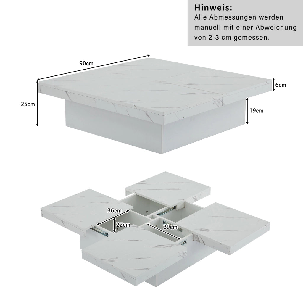 Tavolino da caff¨¨ quadrato moderno bianco con effetto marmo, 90 x 90 x 25 cm, 4 cassetti, piano scorrevole, portata fino a 30 kg