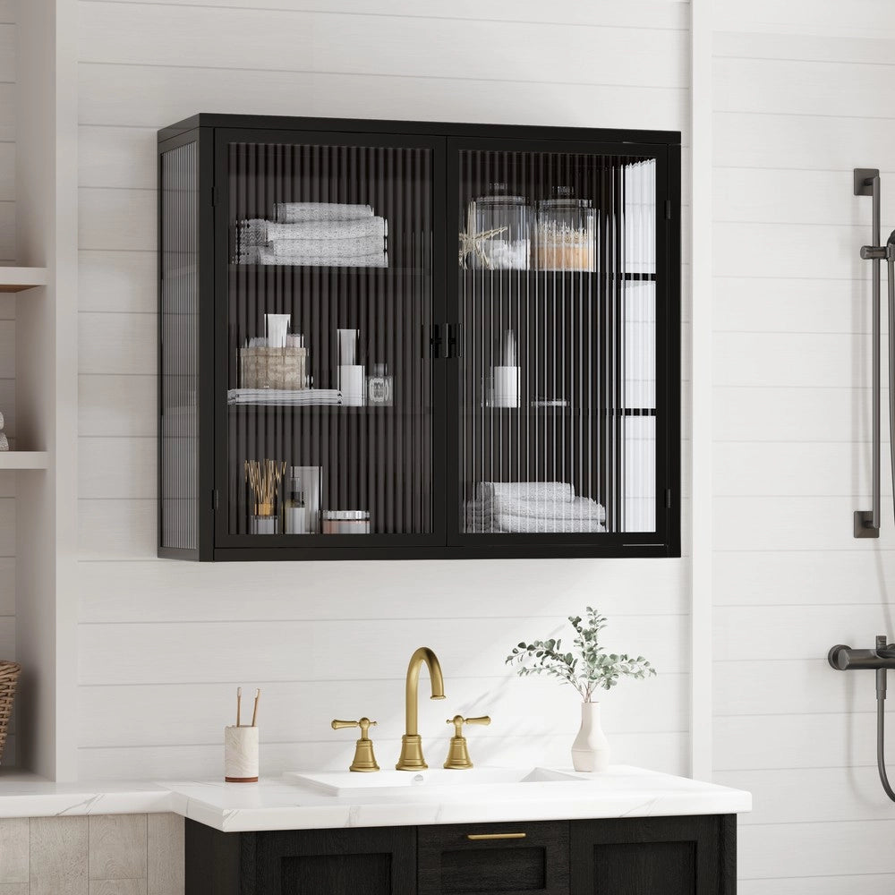 Mobile da ingresso a muro ¨C Minimal ¨C Bianco e nero, vetro trasparente, 3 ripiani, 70 cm, salvaspazio