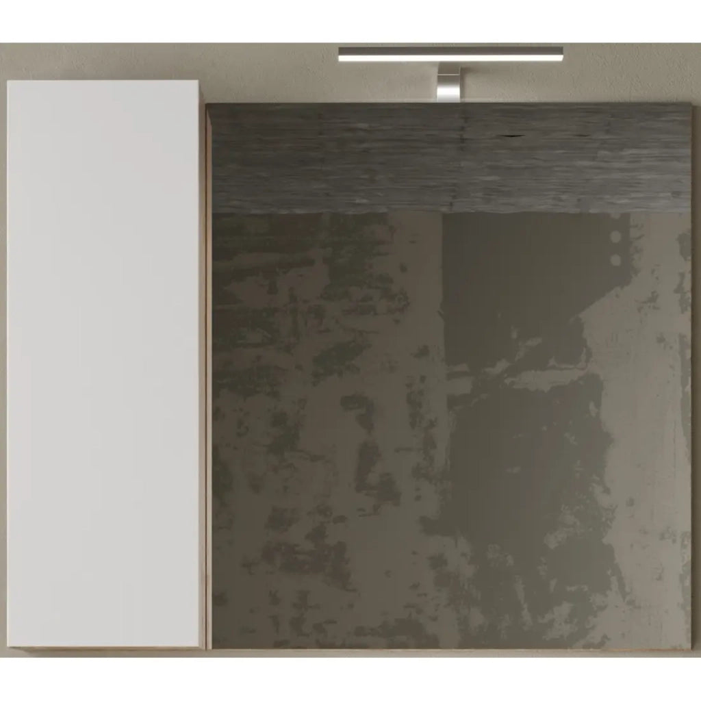 Specchio design con vano portaoggetti, 92x75 cm, collezione BURA, colori bianco lucido e rovere chiaro