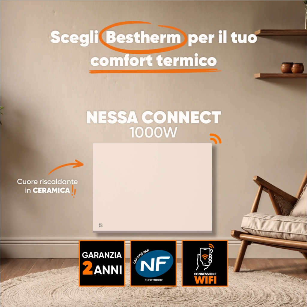 Radiatore elettrico fisso connesso WIFI con inerzia ceramica a secco 1000W NESSA CONNECT orizzontale bianco