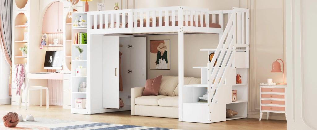 DESMIU Letto a soppalco 1 posto con armadio, scaffali e scala contenitore 90 × 200 cm, senza materasso, bianco