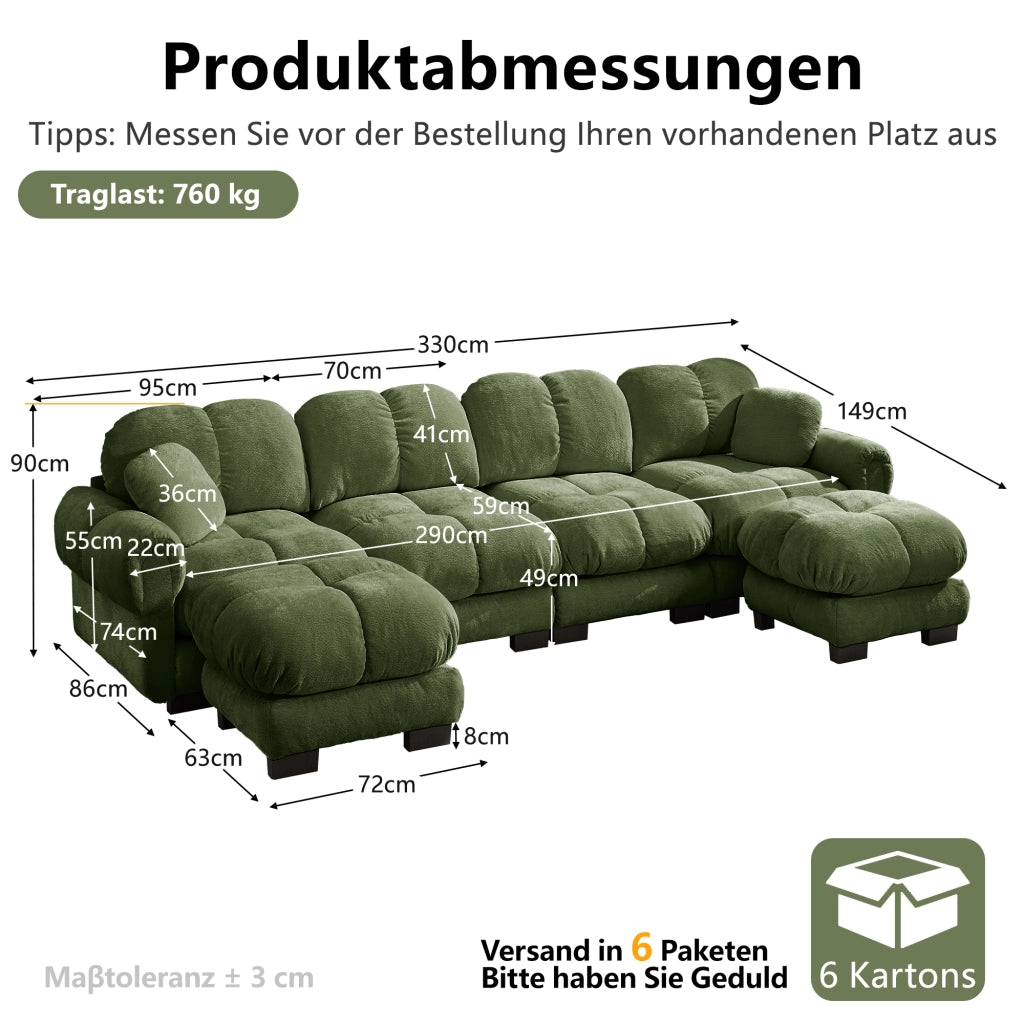 Divano panoramico a U 4 posti in ciniglia con 2 pouf mobili seduta trapuntata e schienale ergonomico verde