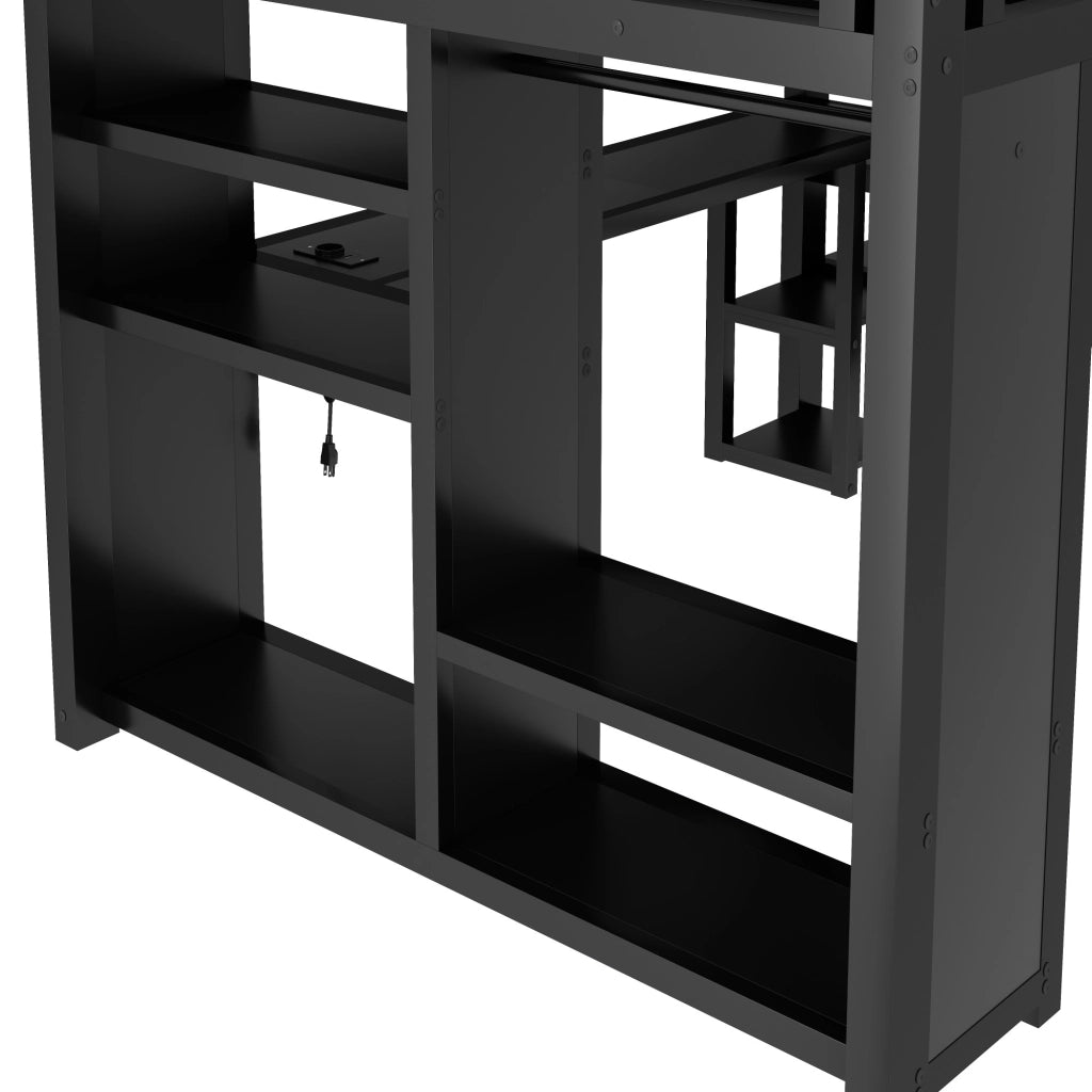 DESMIU Letto a soppalco 160 × 200 cm 2 posti con scrivania, ripiani, scala e contenitore, senza materasso, in metallo, nero