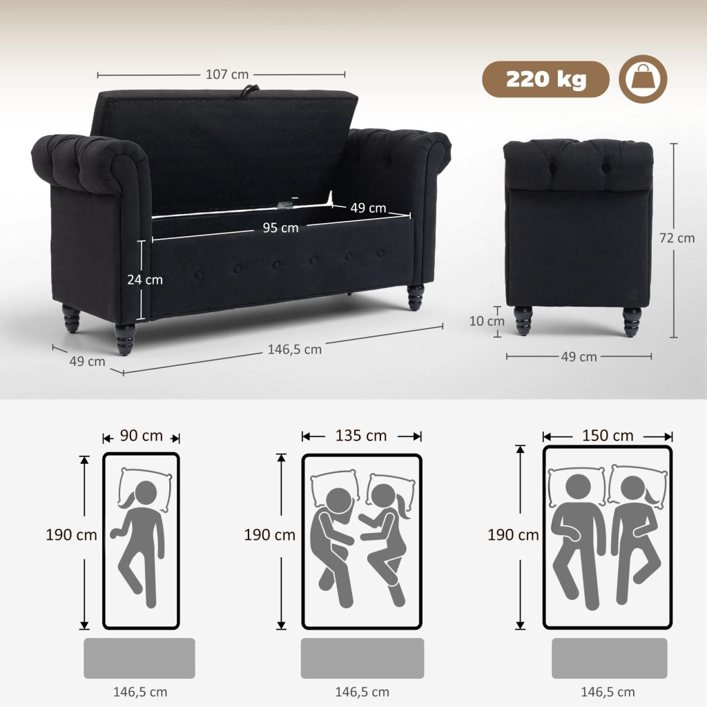 Banco imbottito con contenitore ¨C zephmum ¨C 146.5x49x72 cm tessuto nero legno