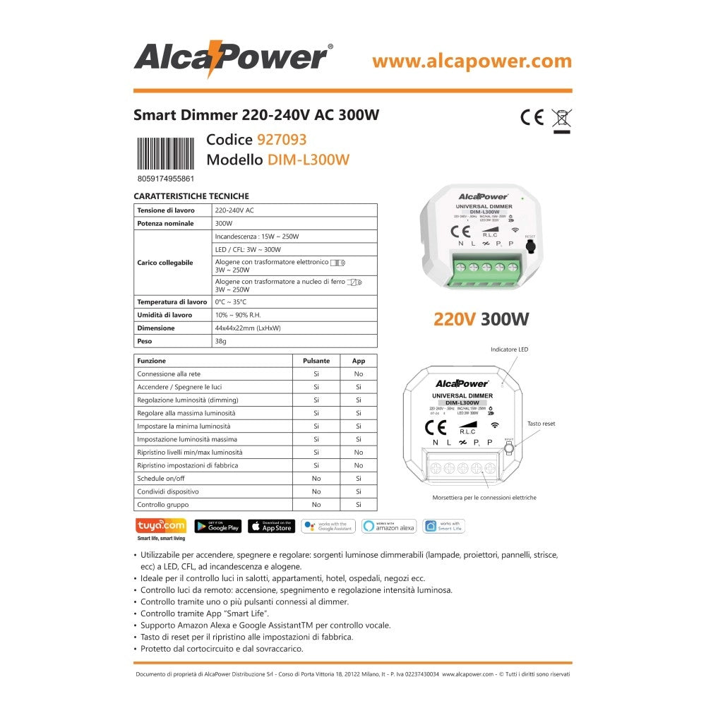 Alca power smart led dimmer 220-240v potenza nominale 300w per lampade led, cfl, ad incandescenza e alogene
