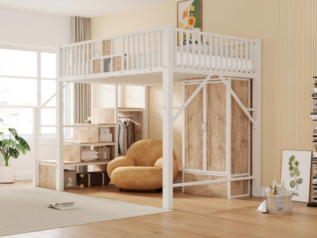 DESMIU Letto a soppalco 140 × 200 cm 2 posti con armadio, cassetto e scala contenitore, senza materasso, bianco