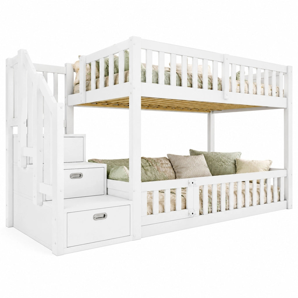 Letto a castello basso 90x200 cm con scala e spazio contenitore; bianco