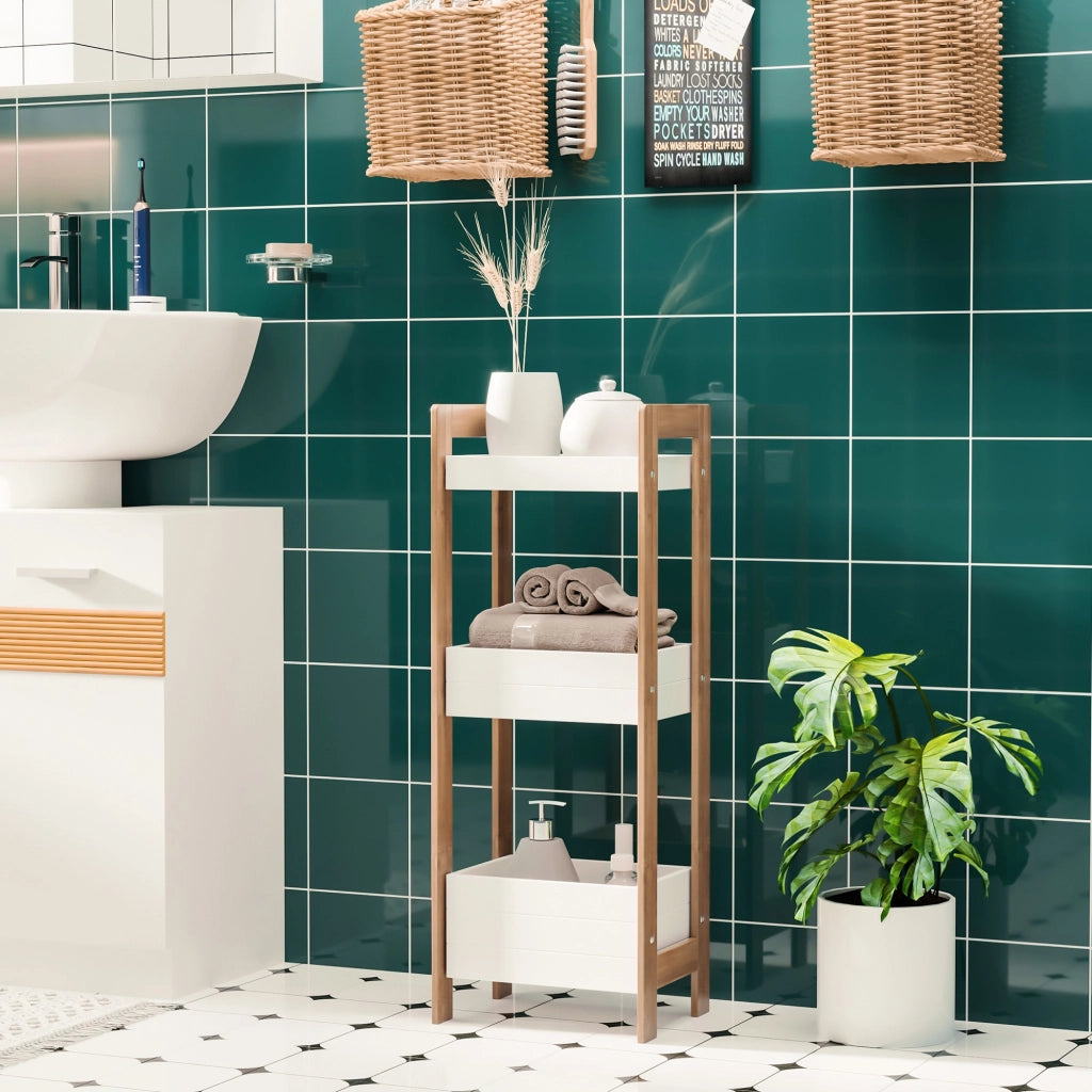 EasyComfort Mobiletto Bagno Multiuso, Scaffale da Bagno a 3 Ripiani Compatto in Legno MDF e Bambù, Bianco, 27.5x20.8x74cm